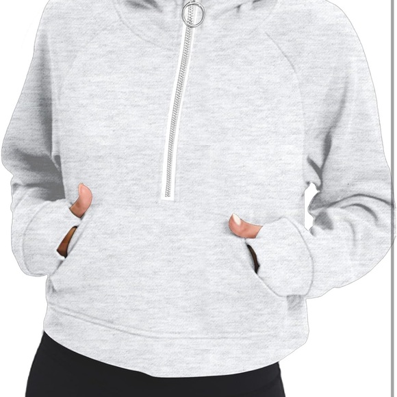 Grey Pullover Front Pocket Half Zipped Up Hooded  Sweatshirt - Picture 3 of 9